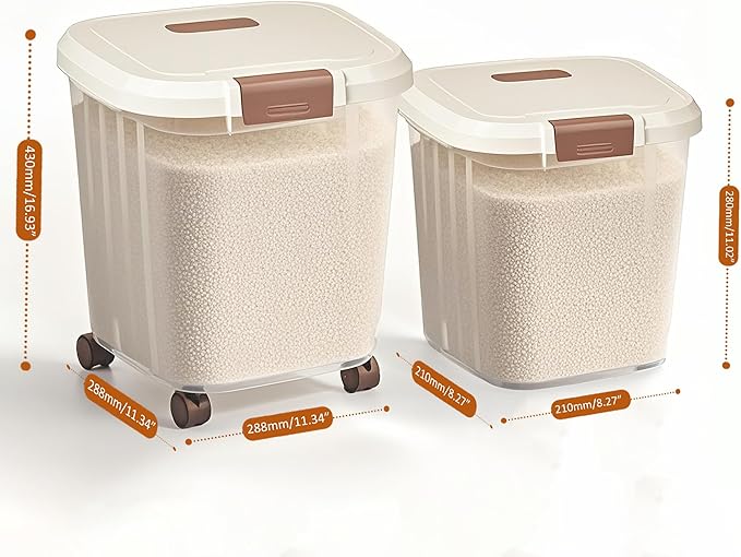 RUIAN Airtight Food Storage Bins with Wheels (Set of 2: 22LB + 55LB) — BPA-Free Clear Pantry Organizer, Lockable & Stackable for Rice, Flour, Grains, Pet Food