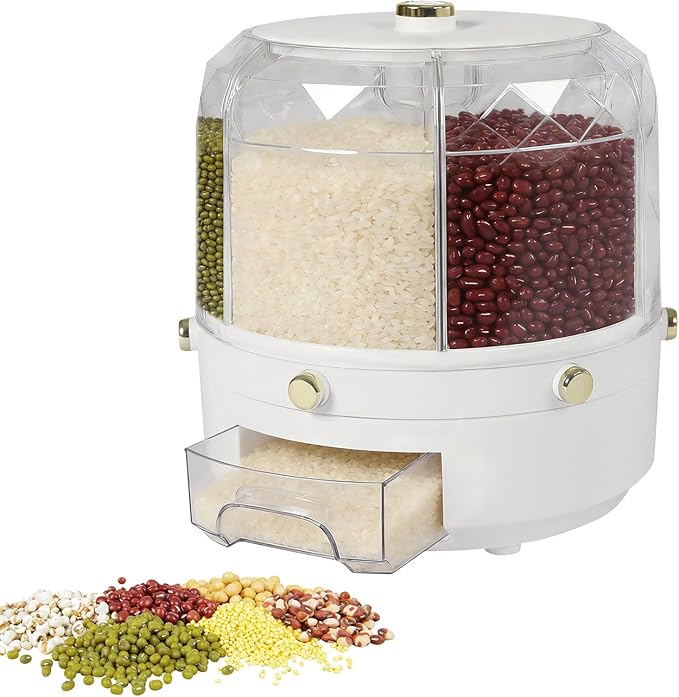 Rice Food Grain Dispenser, 6 Grids Rice & Grain Storage Container 360° Rotatable Grain Dispenser One-Button Pressing Storage Bucket for Grains Snacks Coffee Beans Pet Food Dispenser (13.2LBS)