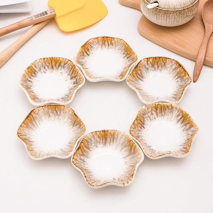 Set of 6 3.9 inch Ceramic Deep Soy Sauce Dipping Bowls Dishes,4 oz Small Sauce cups for Condiment Sushi Bowl, Mini Bowl for Side Dish, Ketchup,Soy Appetizer Plates (Sandy Beige)