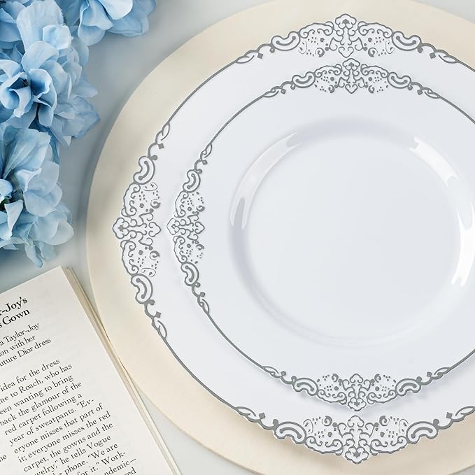 Bestluck 175PCS White and Silver Plastic Plates for 25 Guests, Disposable Dinnerware Sets Include 50 Plastic Plates, 25 Silverwares, 25 Cups, and 25 Pre Rolled Napkins for Party, Graduation