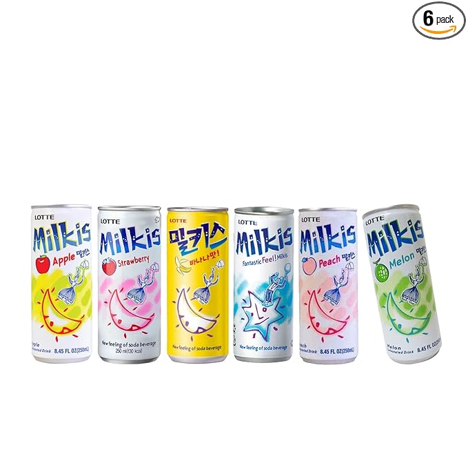 Lotte Milkis 6 Flavors Combo (Original, Apple, Melon, Peach, Banana, & Strawberry) (6 Flavors, Pack of 1)