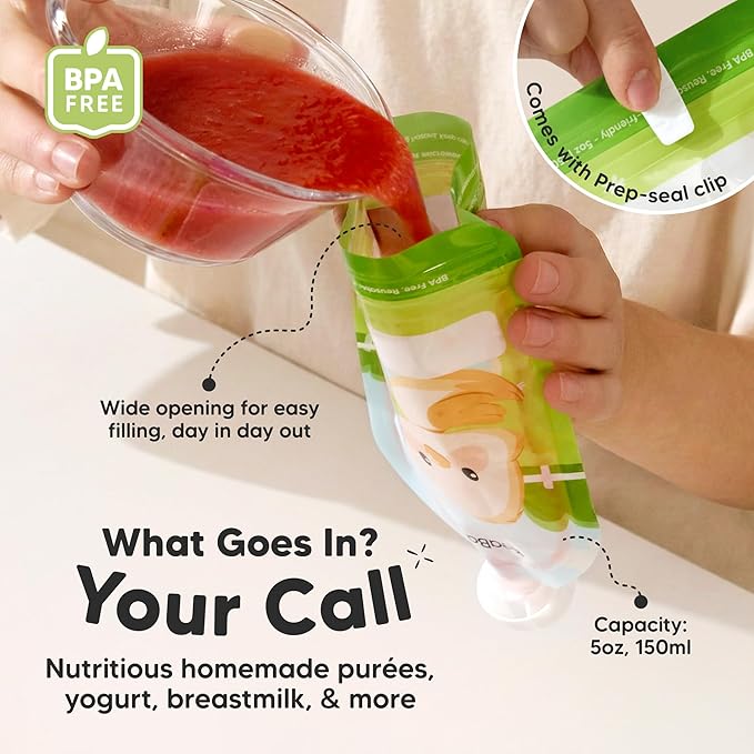 12-Pack Reusable Baby Food Pouches Refillable – 5oz Reusable Pouches for Toddlers, Kids Squeezable Yogurt, Apple Sauce, Fruit Smoothie, Baby Puree Container, Homemade Baby Food Essentials (Little Zoo)