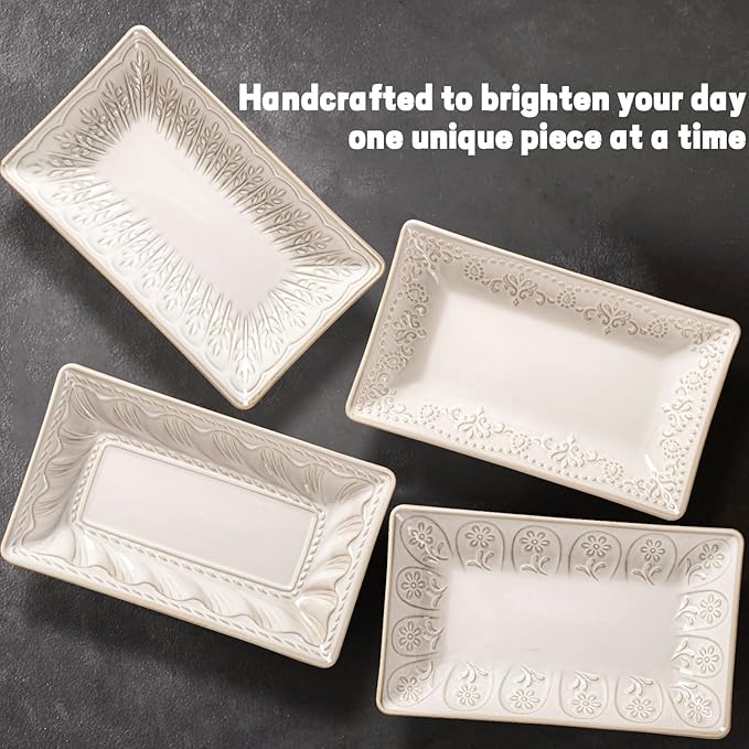 Artena 9.85" Ceramic Rectangle Plates Set of 4 - Deep Lipped Edges, Appetizer Salad Sushi Pasta Dessert Plates, Microwave/Oven Safe, Cute Kitchen Dinner Restaurant Serving Dishes (Wheat Leaf)