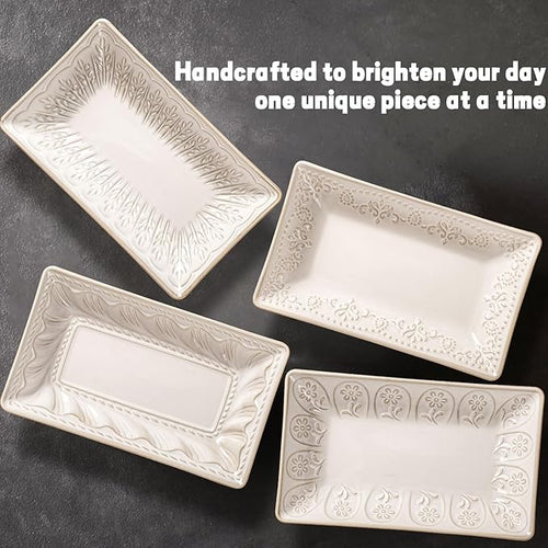 Artena 9.85" Ceramic Rectangle Plates Set of 4 - Deep Lipped Edges, Appetizer Salad Sushi Pasta Dessert Plates, Microwave/Oven Safe, Cute Kitchen Dinner Restaurant Serving Dishes (Pinwheel Flower)