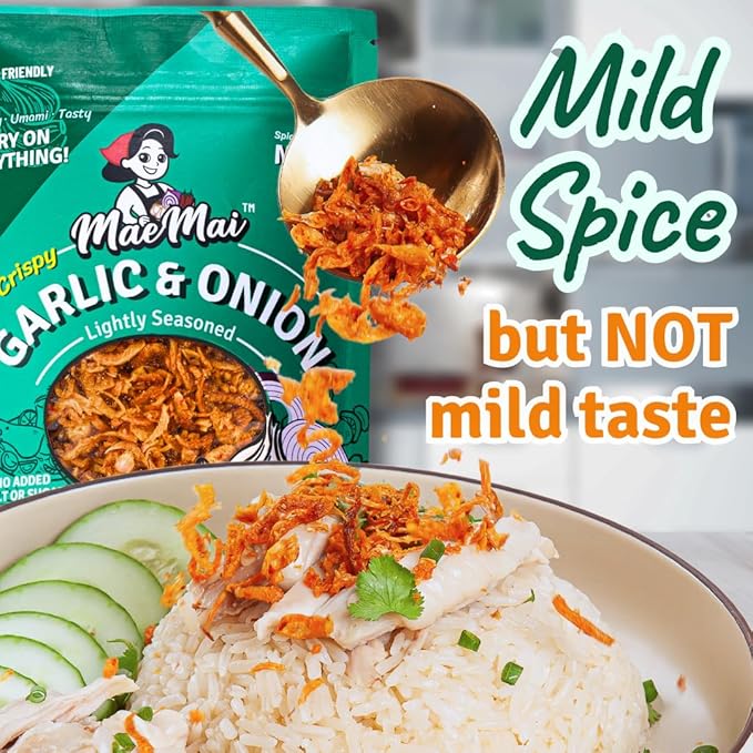 MaeMai Crispy Onion Garlic Flakes (MILD) – Light Heat Crunchy Fried Onion & Garlic, Ramen Rice & Salad Topping, Gluten Free, Vegan, 3.17 oz (90g) – Bag