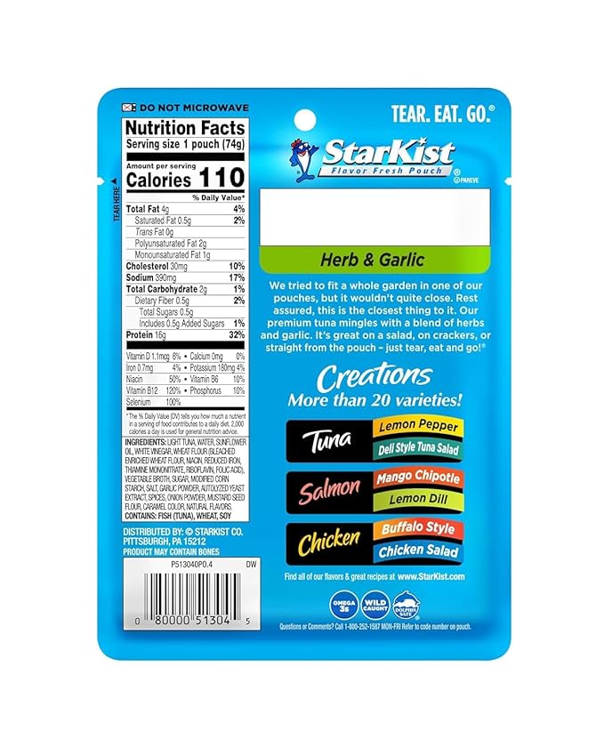 StarKist Tuna Creations Variety Pack, 3-Pack Trial (Tuna Salad, Lemon Pepper, Herb & Garlic), Ready-to-Eat Tuna Pouches, 13g–18g Protein, On-the-Go Snack or Meal