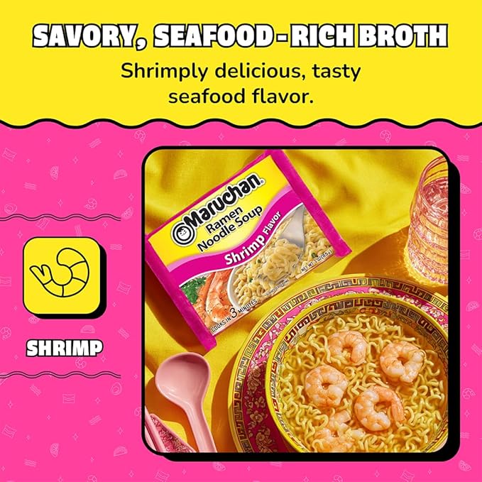 Maruchan Ramen Noodle Soup, Shrimp Flavor – Japanese-Style Instant Noodles, Quick & Easy Meal for Kids, Students & Busy Families – 3 Oz. (24 Pack) | Ready to Eat, 3 Oz, 24 Count