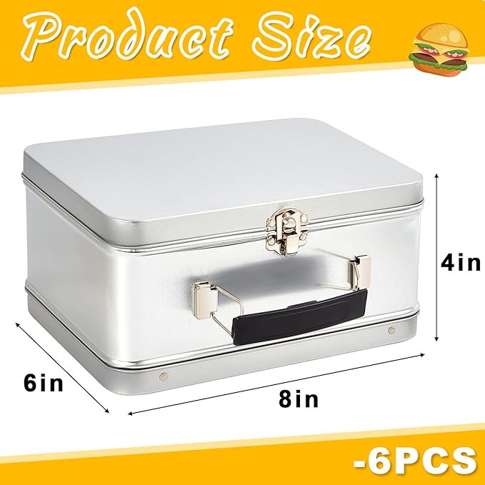 Rtteri 6 Pack DIY Lunch Box Tin Retro Set 8 x 6 x 4 Inches with Hinged Lids DIY Large Box for Storage Blank Design Vintage Metal Lunchbox for Kids Sandwich Containers (Silver)