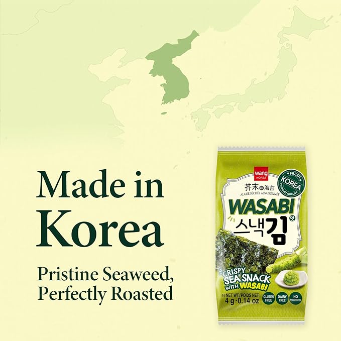 Wang Korean Seaweed Snacks Wasabi Flavor - Crispy Roasted Seaweed Sheets, Healthy Sea Weed Snack, Keto Vegan Gluten-Free - Pack of 16