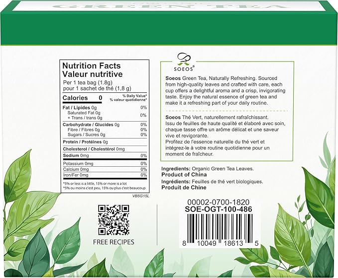 Soeos Organic Green Tea, 100 Tea Bags (Pack of 1), Caffeinated, Fresh and Healthy Green Tea, 6.3 Ounce
