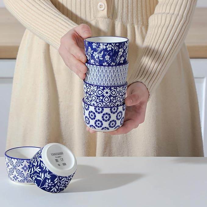 vancasso Selene 4 oz Mini Ceramic Ramekins Set of 6, Oven-Safe Baking Cups for Crème Brûlée, Soufflés, Desserts, Handcrafted Blue and White Patterns