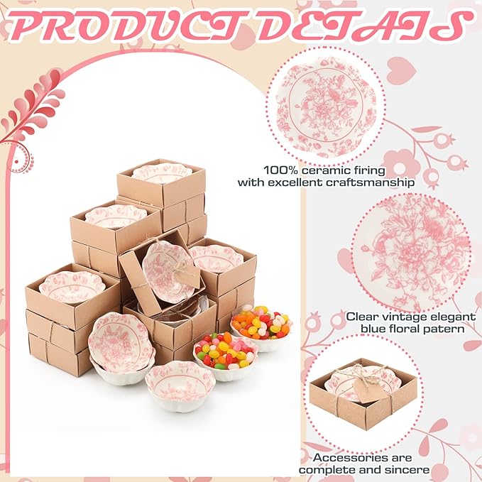SiliFine 12 Pcs Wedding Favors for Guests Small Ceramic Bowl Bulk Gifts Set 3.3 Inch Floral Design Mini Dipping Sauce Dish with Card Box for Bridal Pooja Baby Shower Birthday (Flower,Pink)