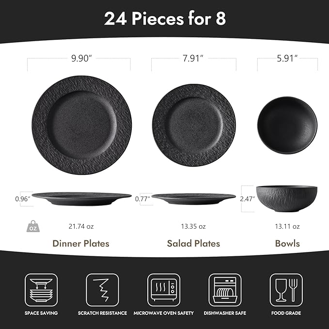 KINGSTONE Black Dinnerware Sets, 24-Piece Matte Marble Pattern Premium Porcelain, Place Setting with Dinner Plate, Salad Plate, Pasta Bowl, Microwave and Dishwasher Safe