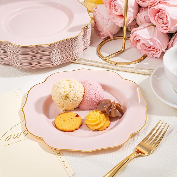bUCLA 48Pieces Pink Plastic Dessert Plates - 7.5inch Premium Hard Pink with Gold Rim Small Cake/Salad/Appetizer Plates Disposable for Wedding, Party, Shower & Easter