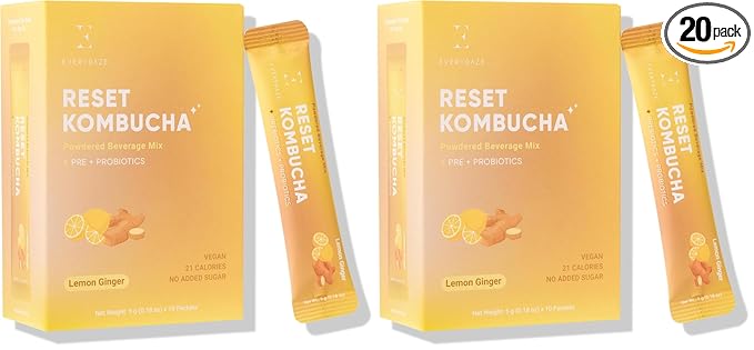 Everydaze Reset Kombucha Tea Powdered Beverage Mix | 10 Sticks | Prebiotics + Probiotics | Vegan | No Added Sugar, Gluten Free, Sparkling Powder Drink Pack (Lemon Ginger) (Pack of 2)