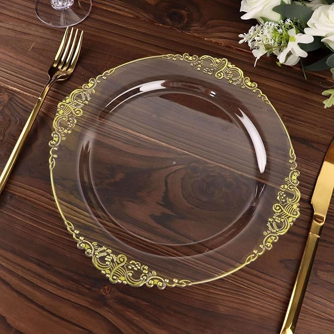 Efavormart 10 Pack | 10" Clear and Gold Baroque Dinner Plates, Leaf Embossed Metallic Rim Shatterproof Serving Plates for Modern Wedding Receptions