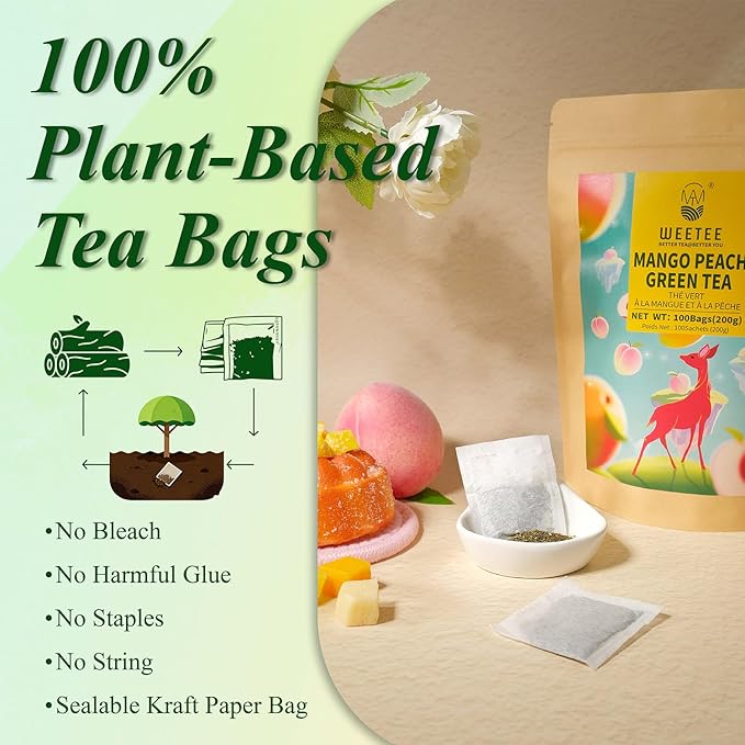 WT WEETEE Mango Peach Green Tea Bags 100 Count, Flavored Steam Green Tea, Natural Mango & Peach Flavoring, No Add Sweeter | Fruity & Refreshing Hot or Iced Tea