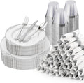 Bestluck 350PCS Silver Plastic Plates for 50 Guests, Disposable Dinnerware Sets Include 100 Silver Rim Plastic Plates, 50 Silverware, 50 Pre Rolled Napkins for Party, Wedding & Decor