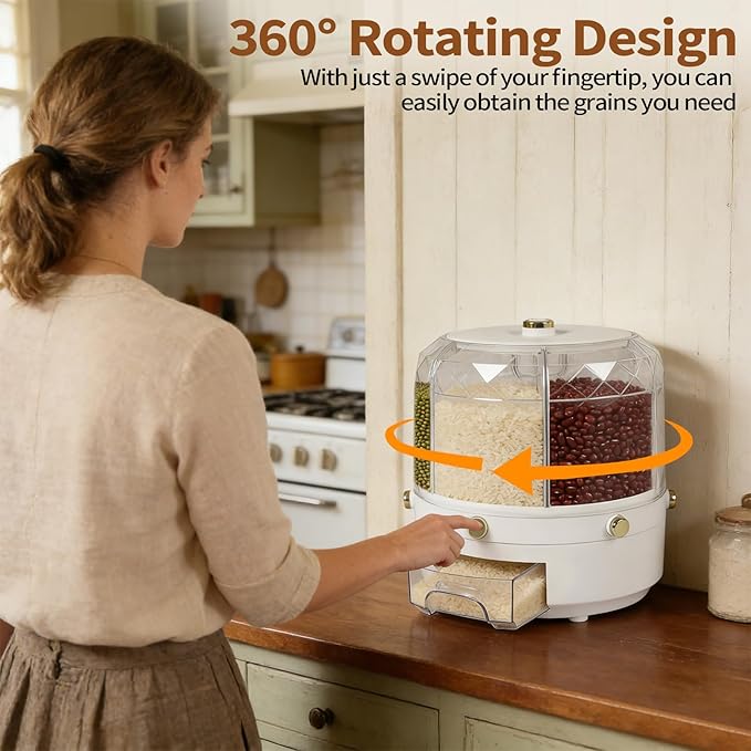 Rice Food Grain Dispenser, 6 Grids Rice & Grain Storage Container 360° Rotatable Grain Dispenser One-Button Pressing Storage Bucket for Grains Snacks Coffee Beans Pet Food Dispenser (13.2LBS)