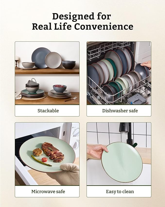 Famiware Venus Plates and Bowls Sets with Trim, 12 Pieces Speckled Stoneware Dishes Dinnerware Set for 4, Light Green - Microwave & Dishwasher Safe, Modern Minimalist, Everyday & Formal Dining