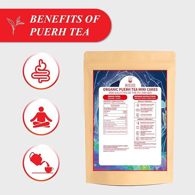 WT WEETEE Organic Pu-erh Tea, Organic Ripe Puerh Tea Mini Tea Cake with Glutinous Rice Fragrant, Chinese Aged Pu'erh Loose Leaf (3.5 Ounce/ 20 Cakes)
