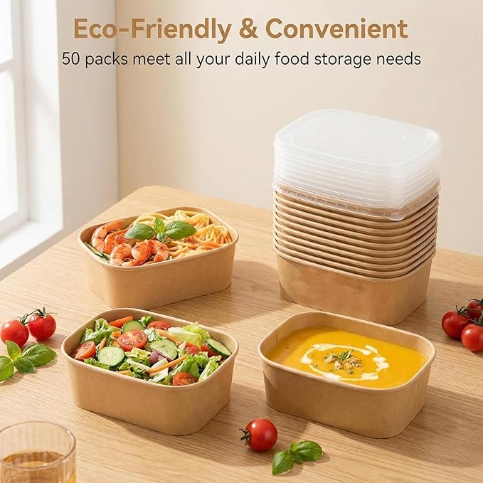 50 Pack Disposable Meal Prep Containers, 19oz Disposable Large Paper Bowls with Lids and Forks for Salad, Noodles, Freezer and Microwavable Storage Use Cardboard Food Containers