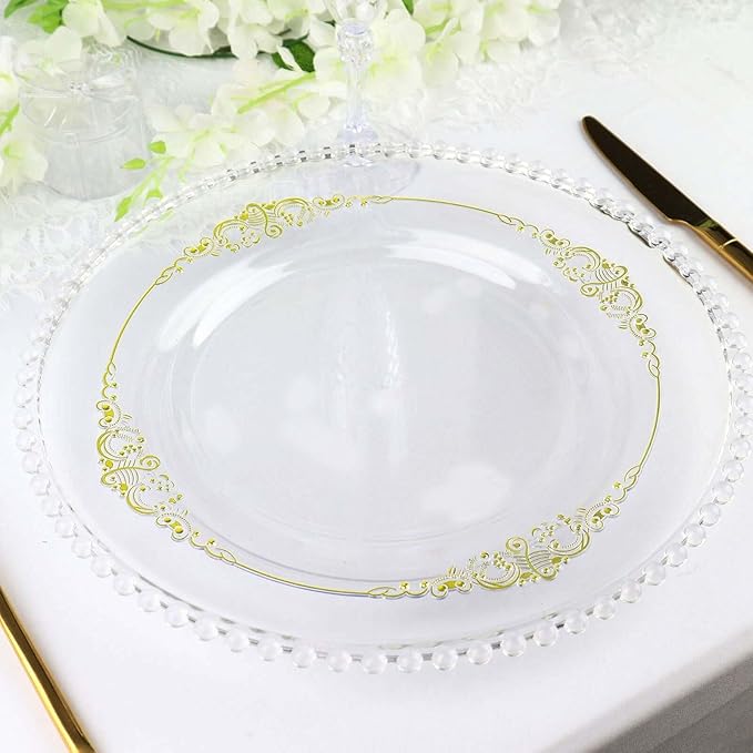 Efavormart 10 Pack | 10" Clear and Gold Baroque Dinner Plates, Leaf Embossed Metallic Rim Shatterproof Serving Plates for Modern Wedding Receptions