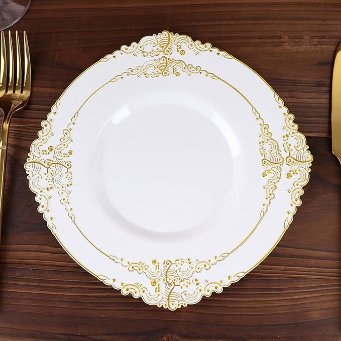 Efavormart 10 Pack | 8" White and Gold Baroque Dessert Plates, Leaf Embossed Metallic Rim Heavy Duty Appetizer Plates for Traditional Bridal Showers