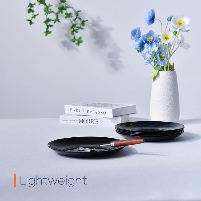 LaGlint 8.5 inch Salad Plate Set of 6, Lightweight Opal Glass Round Black Plates for Appetizer Dessert Kitchen, Dishwasher and Microwave Safe