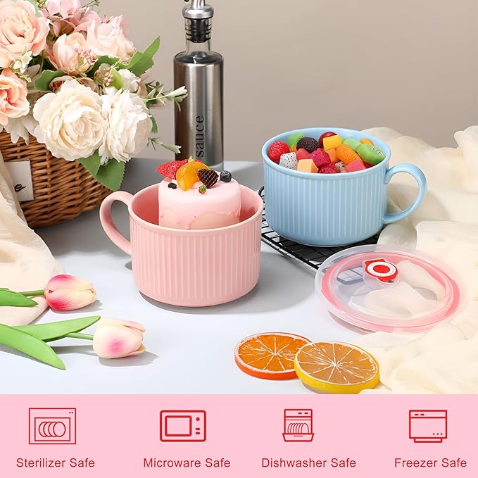 Nuenen 2 Pcs Soup Bowls with Lids and Handles 30 oz Microwave Safe Ceramic Soup Mug Microwavable Ramen Containers with Lids Large Colorful Cups for Noodle Cereal kitchen(Baby Blue, Pink)