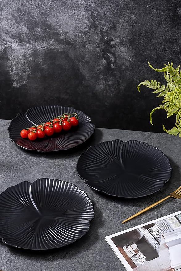 Jusalpha Set of 3-Japanese Style Flower Petal Shaped Porcelain Dinner Plates, Versatile Circular Serving Plates for Breakfast, Salad, Steak Dinner, PL019 (Flat plate, 10'', Black)