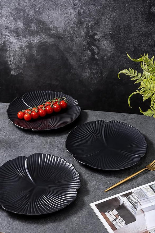 Jusalpha Set of 3-Japanese Style Flower Petal Shaped Porcelain Dinner Plates, Versatile Circular Serving Plates for Breakfast, Salad, Steak Dinner, PL019 (Flat plate, 10'', Black)