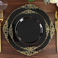 Efavormart 10 Pack | 8" Black and Gold Baroque Dessert Plates, Leaf Embossed Metallic Rim Heavy Duty Appetizer Plates for Modern Moody Socials