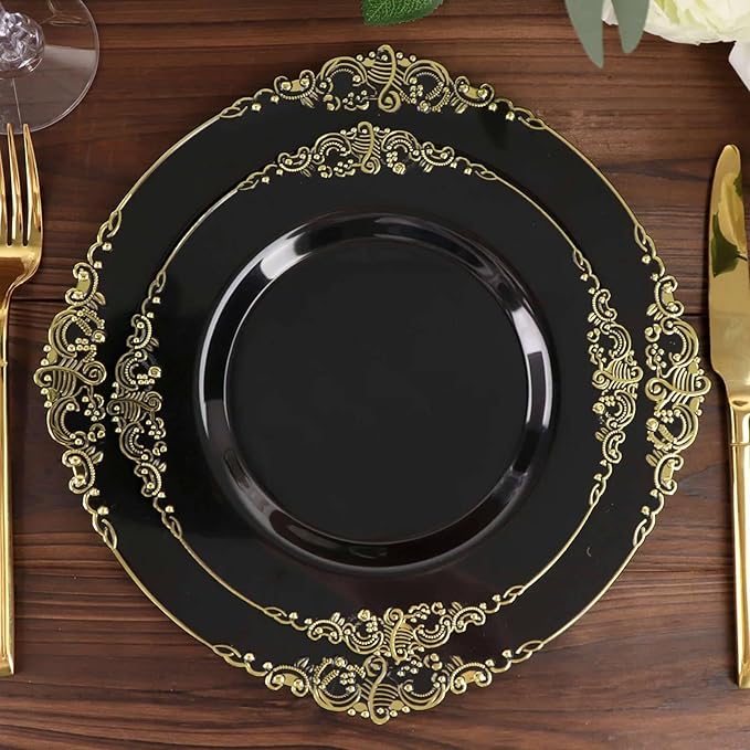 Efavormart 10 Pack | 8" Black and Gold Baroque Dessert Plates, Leaf Embossed Metallic Rim Heavy Duty Appetizer Plates for Modern Moody Socials