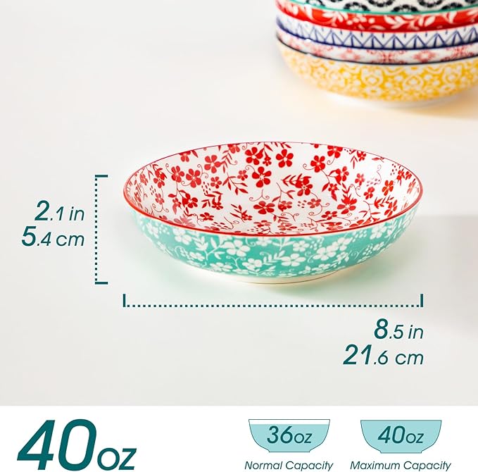 vancasso Selene 8.5" Pasta Bowls Set of 6, 40 oz Porcelain Shallow Salad Bowls, Serving Bowls Pasta Dishes Plates Large Kitchen Bowl Plates, Vivid Floral Design, Microwave Safe, Series SELENE