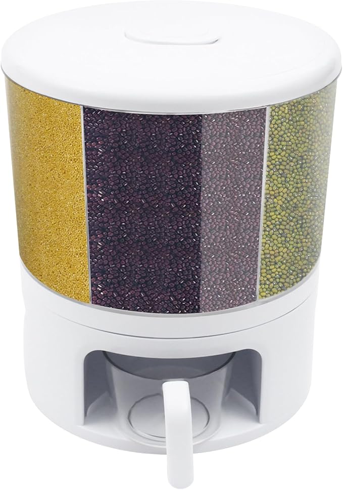 Rice Dispenser 6 Grids Dry Food Storage Containers 360° Rotating Cereal Dispenser for Kitchen Pantry Organization, Storage Bucket for Small Grains, Beans, Rice (6 Grids - Rotating White)