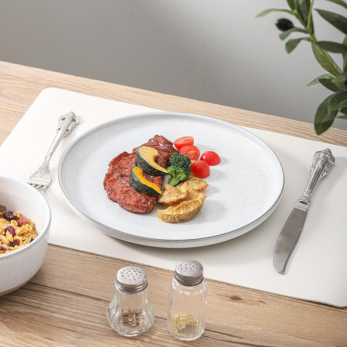 Ceramic Dinner Plates Set of 4 with High Edges, 8 Inch Glacier White Plates for Salad, Pasta and Steak, Oven＆Dishwasher Safe, Stoneware Plates with Matte Terracotta Base, Porcelain,Scratch Resistant