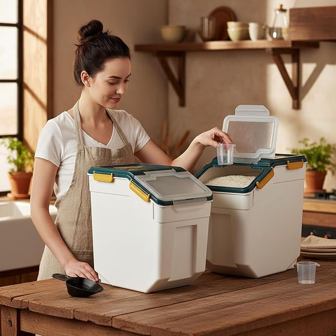 Rice Storage Container 25 lbs Large Household Flour Sugar Containers Airtight Grain Cereal Dispenser with Wheels, Locking Lid & Measuring Cup for Kitchen Pantry Organization, 2 Pack(Blue)