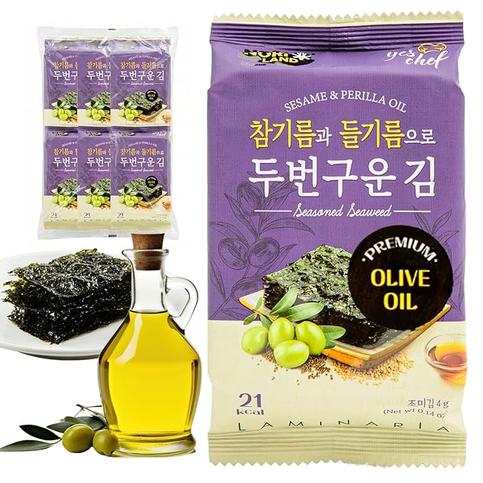 Kim’s Table Roasted Seaweed Snack – Korean Seasoned Seaweed Sheets, Light & Crispy, Healthy Low Calorie Gluten Free Vegan Snack, 6 Convenient Packs (0.14oz Each) (Olive Oil) 올리브유 한국 김