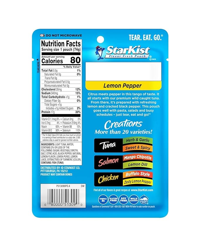 StarKist Tuna Creations Variety Pack, 3-Pack Trial (Tuna Salad, Lemon Pepper, Herb & Garlic), Ready-to-Eat Tuna Pouches, 13g–18g Protein, On-the-Go Snack or Meal