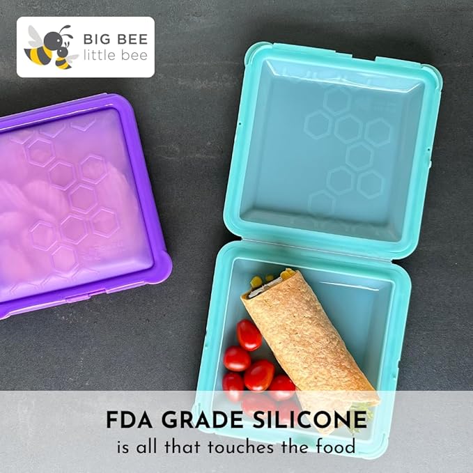 Big Bee, Little Bee SoftShell Reusable Silicone Food Storage Container - Clamshell Snap-Close Design, No Lost Lids, Easy to Clean, Compact for Travel, Meal Prep, Microwave Freezer and Dishwasher Safe