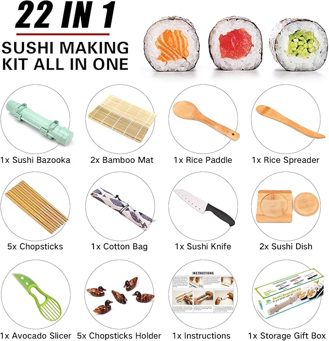 SmileTools Sushi Making Kit, 22 in 1 Sushi Roller Sushi Maker Kit with Bamboo Sushi Rolling Mats, Bazooka, Chef's Knife, Chopsticks, Sauce Dishes, Rice Spreader, Avocado Slicer, Guide Book