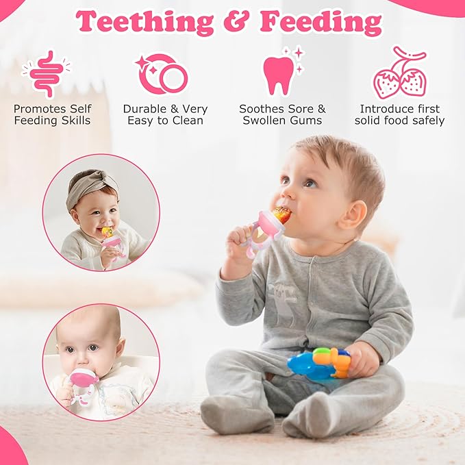 Baby Fruit Feeder Pacifier | Infant Food Feeder Pacifier & Baby Food Dispensing Spoon | Mesh Fresh Fruit Teethers for Babies | Infant Teething Feeders Shower Gifts for Boys and Girls(Blush)