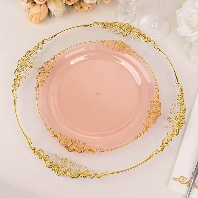 Efavormart 10 Pack | 10" Translucent Blush and Gold Baroque Dinner Plates, Leaf Embossed Metallic Rim Shatterproof Serving Plates for Romantic Receptions