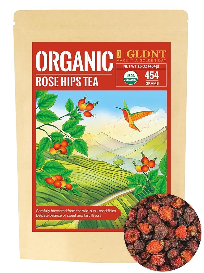 GLDNT Organic Rosehips Tea, Premium Dried Organic Rose Hips Tea Loose Leaf, Fruity Flavor and Aroma, Whole, Caffeine Free, 16oz