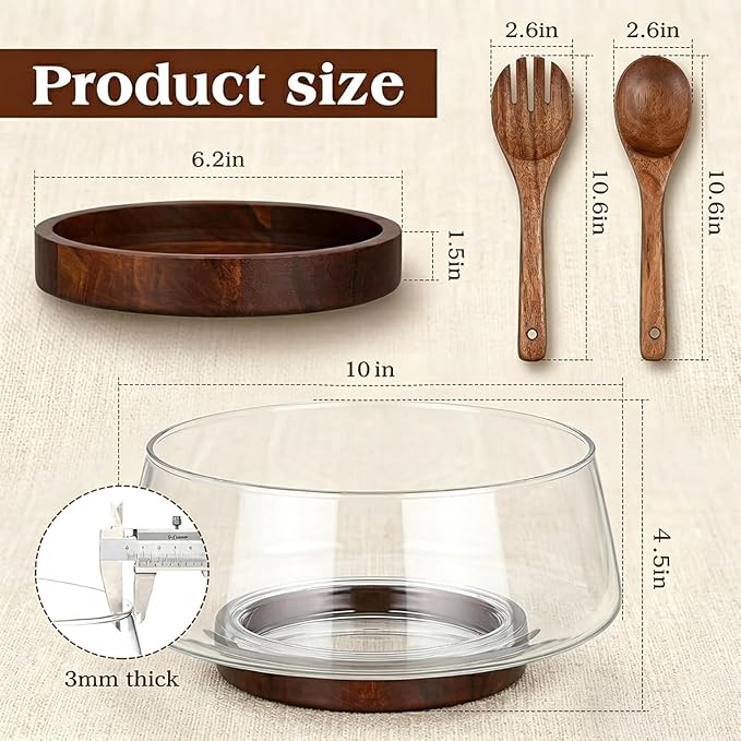 121oz Large Glass Salad Bowl Set with Acacia Wood Base, 3.8QT Clear Serving Bowl with Wooden Spoons, 3600ml Decorative Mixing Bowl for Fruit, Pasta, Party and Thanksgiving (Classic Smooth)