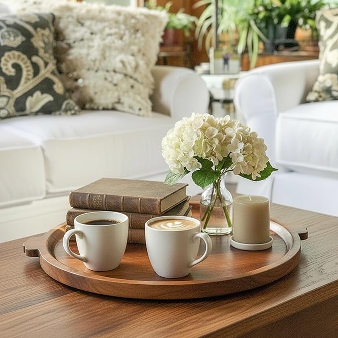 Charcuterie Board | Acacia Wood Serving Tray with Handles 13'' | Round Decorative Ottoman Coffee Table Tray | Circular Wooden Cheese Board Serving Platter for Party Supplies
