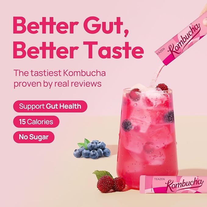 TEAZEN Berry Kombucha Tea, Hydration Drink Mix, Sugar Free, Live Probiotics & Prebiotics, 30 Sticks, 5.29oz