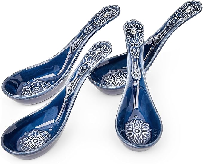 Sungmor Embossed Stoneware Fine Dining Dinnerware, Antique Baroque Style Porcelain 5.5 Inch Soup Spoons, Set of 4 Blue Ceramic Chinese Spoons, Asian Style Spoon for Miso Soup, Ramen, Dumpling