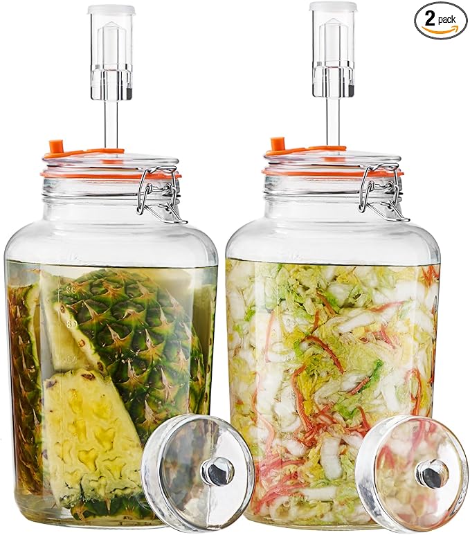 1 Gallon Fermentation Jars, 2 Pack Glass Fermentation Kit with Airlocks & Weights, Wide Mouth Fermenting Jars for Sauerkraut, Kimchi, Pickles, Mead & More